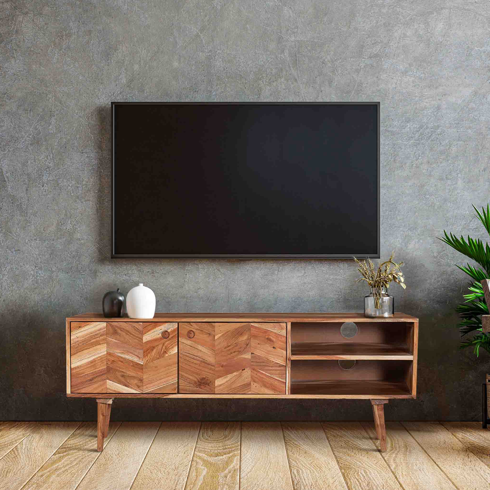 Lifestyle view of natural wood media console under wall-mounted television